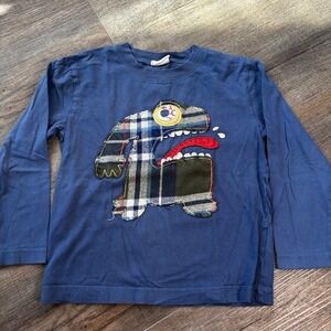 Mini Boden Monster Applique Long Sleeve Shirt Boys‎ Size 5-6Y Blue Cotton